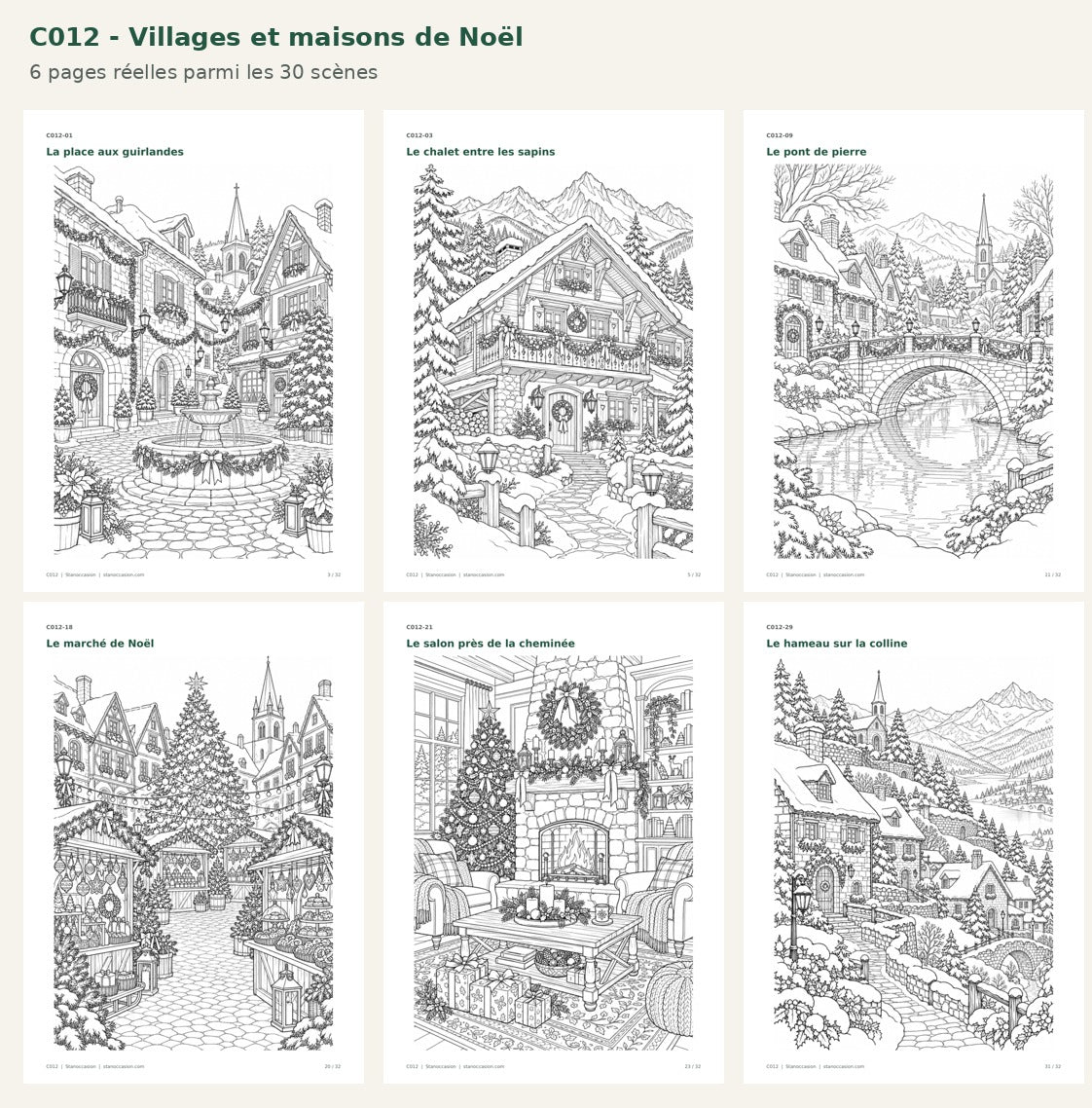 C012 - Six pages réelles : place, chalet, pont, marché, salon et hameau de Noël