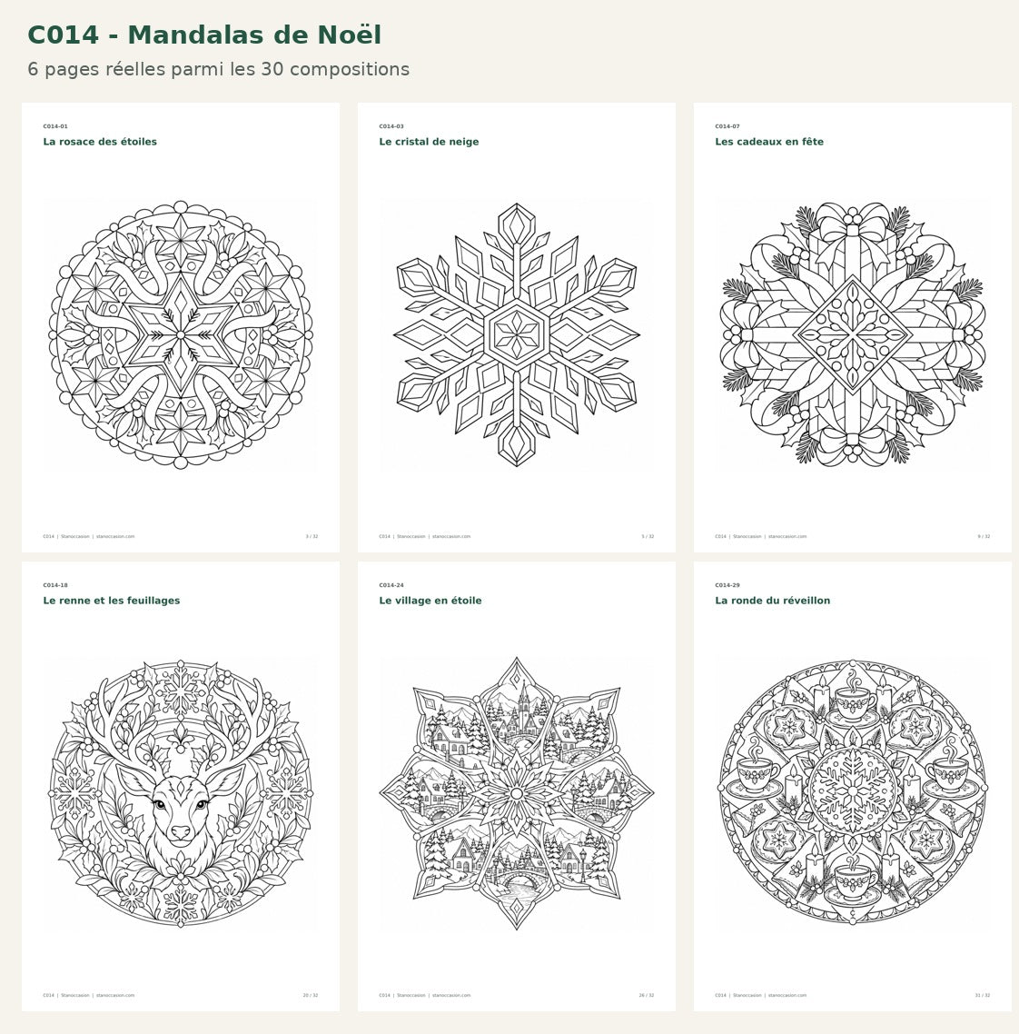 C014 - Six mandalas réels : étoiles, cristal de neige, cadeaux, renne, village et réveillon