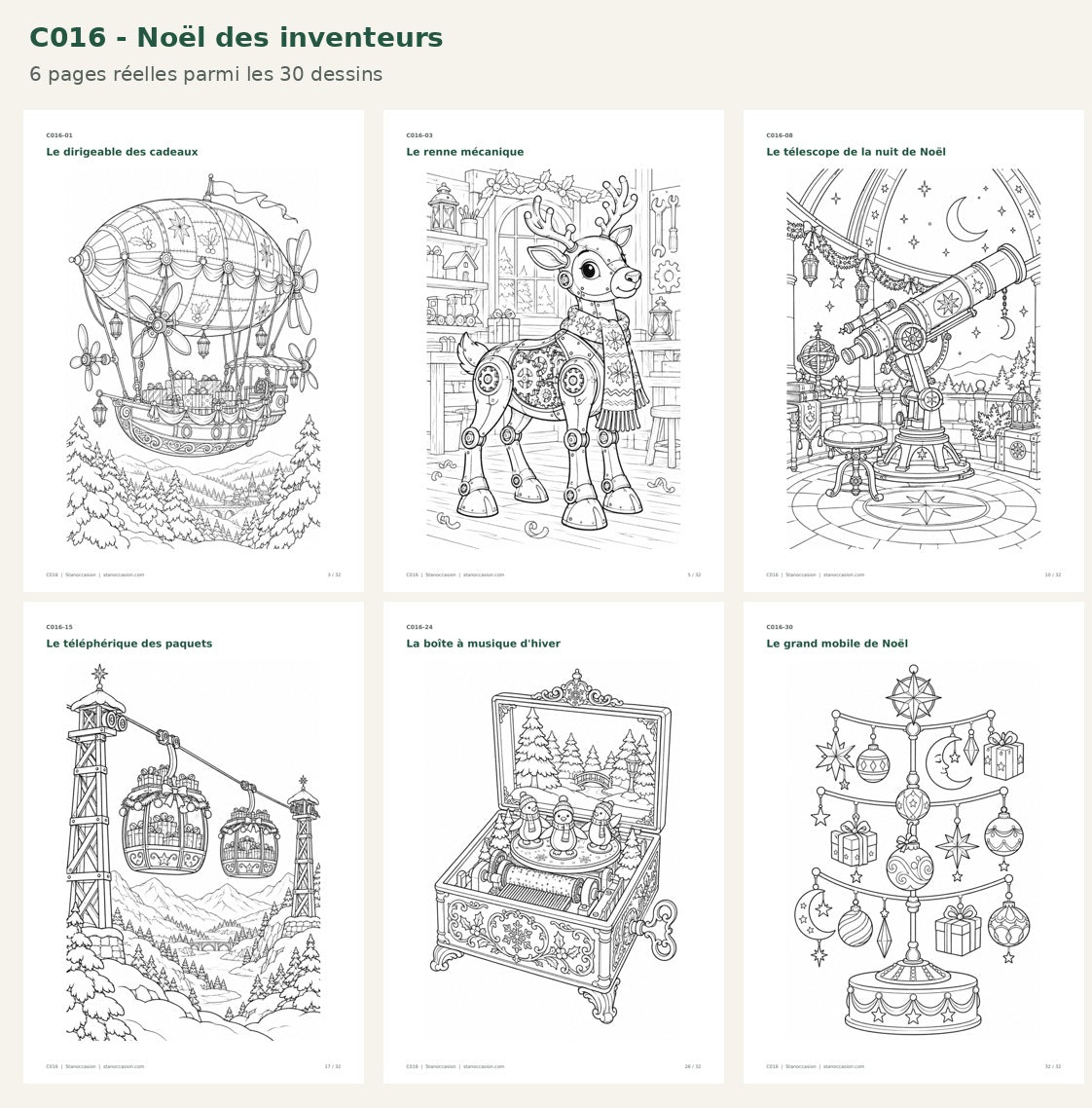 C016 - Six pages réelles : dirigeable, renne mécanique, télescope, téléphérique, boîte à musique et mobile de Noël