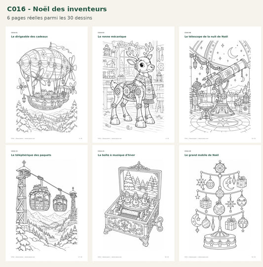 C016 - Six pages réelles : dirigeable, renne mécanique, télescope, téléphérique, boîte à musique et mobile de Noël