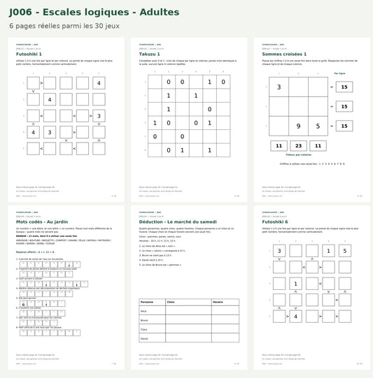 J006 - Six pages réelles : futoshikis, takuzu, sommes croisées, mots codés et déduction
