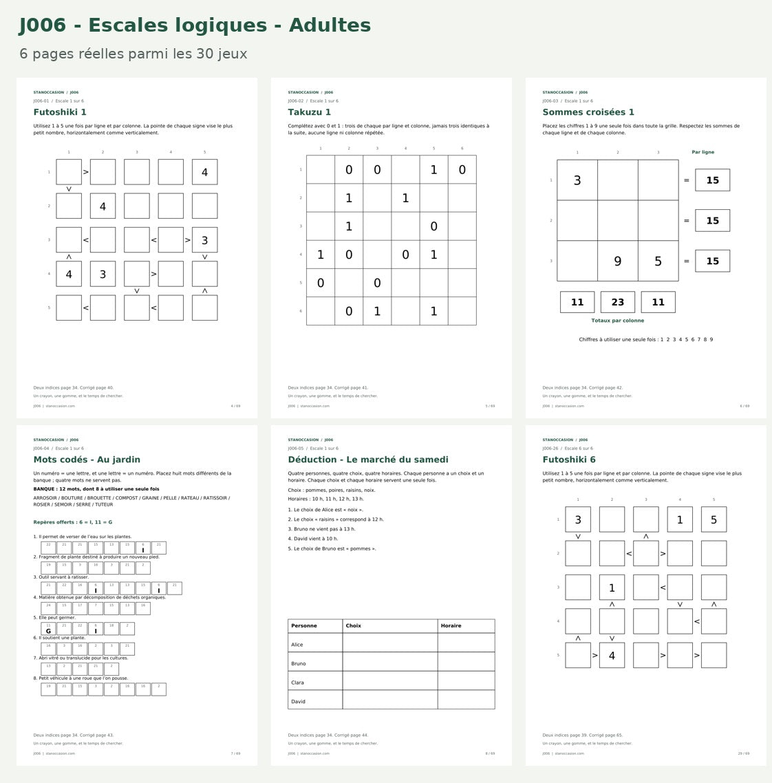 J006 - Six pages réelles : futoshikis, takuzu, sommes croisées, mots codés et déduction