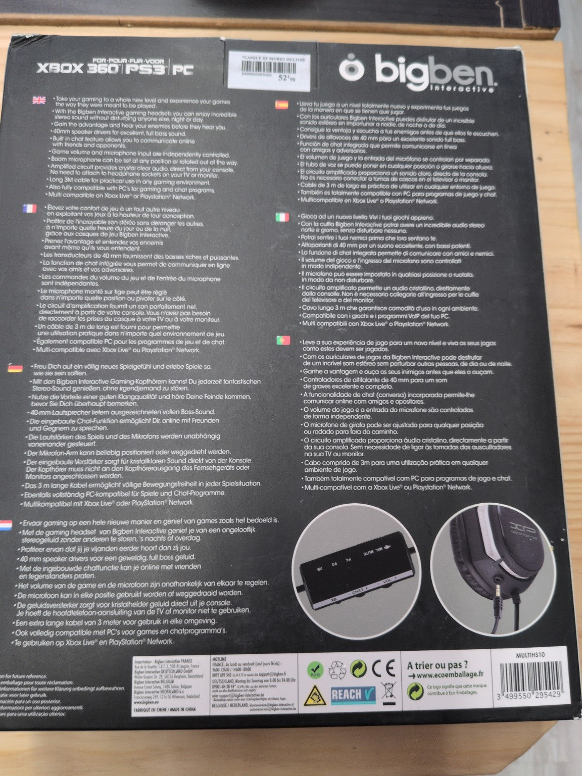 Bigben XHS10 casque gaming Xbox 360 PS3 PC - dos boîte