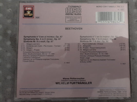 CD Beethoven Symphonies 5 et 7 Wilhelm Furtwängler EMI - dos avec code-barres