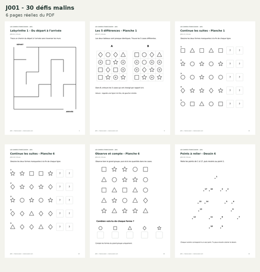 Six pages réelles : labyrinthes, différences, suites, observation et points à relier