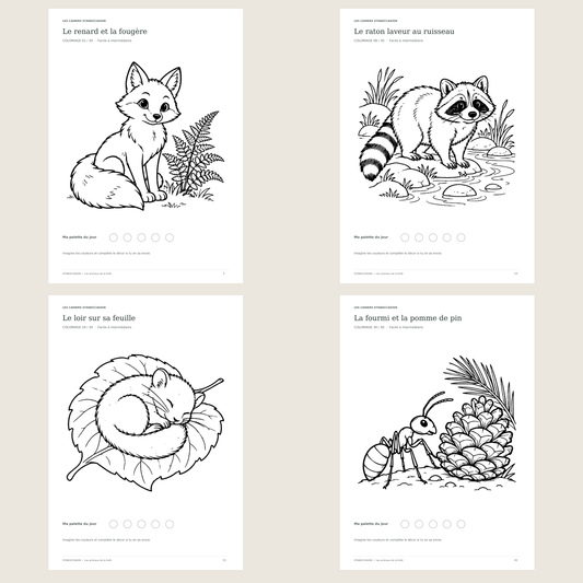Extraits réels : Coloriages animaux de la forêt - 30 dessins PDF - 5-8 ans