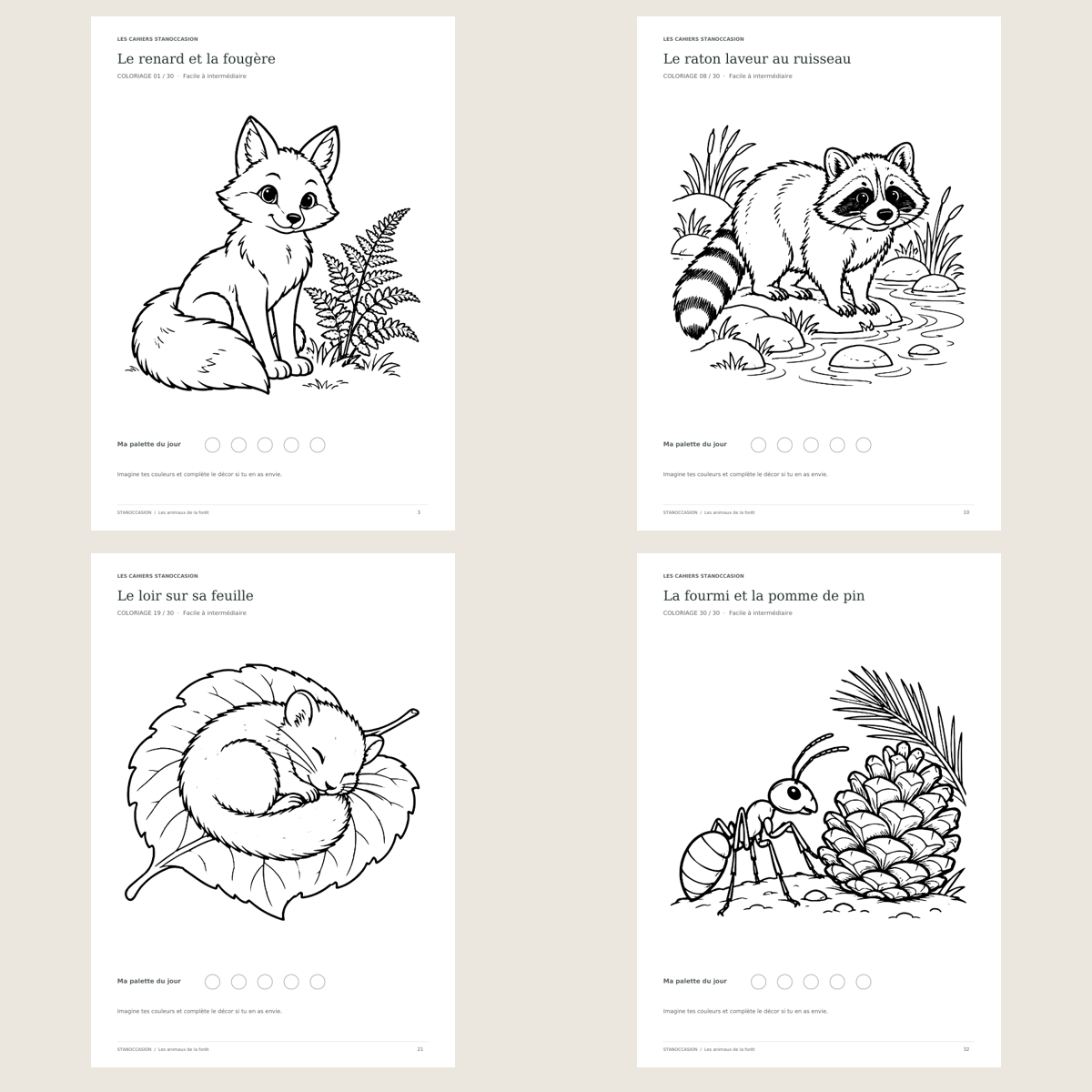 Extraits réels : Coloriages animaux de la forêt - 30 dessins PDF - 5-8 ans