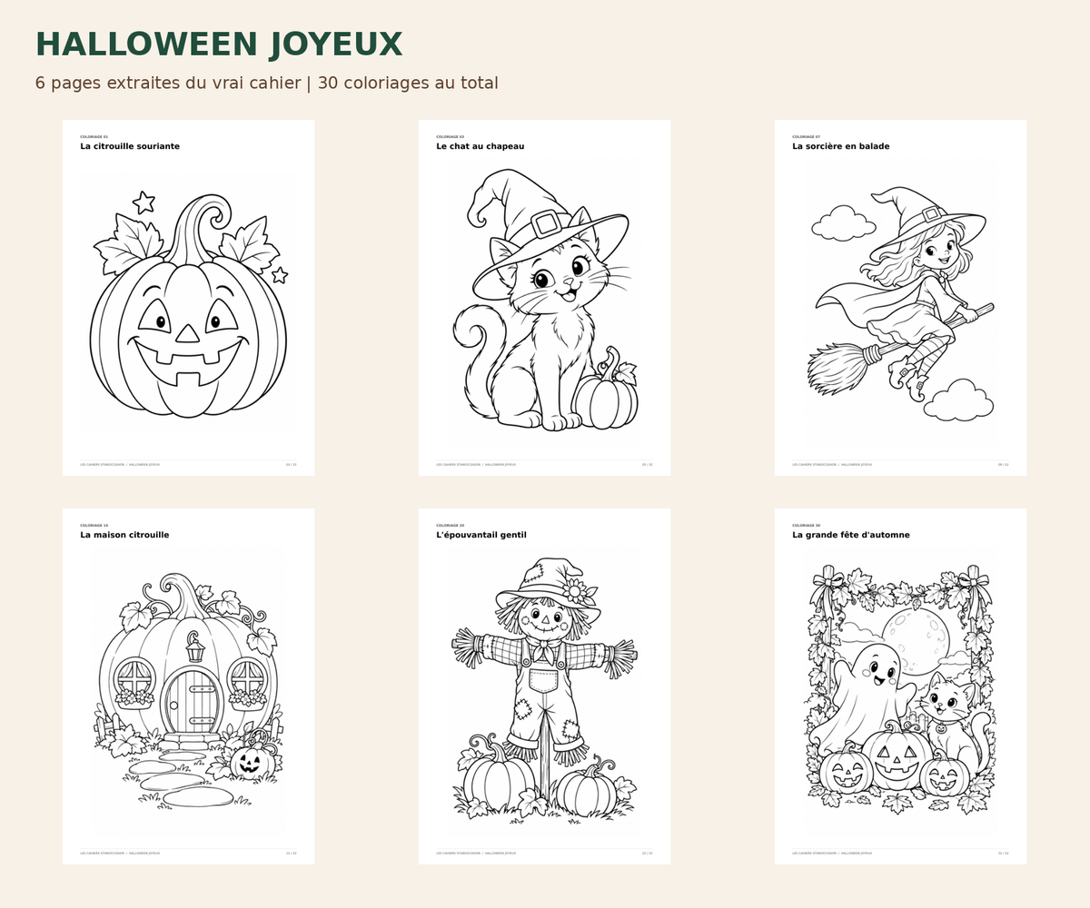 Six pages réelles du cahier Halloween joyeux : citrouille, chat, sorcière, maison, épouvantail et fête