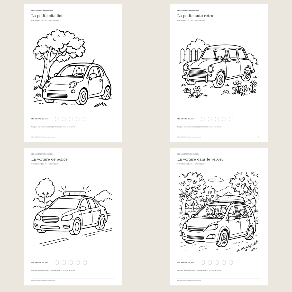 Extraits réels : Coloriages voitures - 30 dessins PDF - 7-10 ans