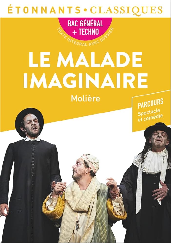 Cover of 'Le malade imaginaire' by Molière, featuring characters in a theatrical scene, Étonnants Classiques edition.