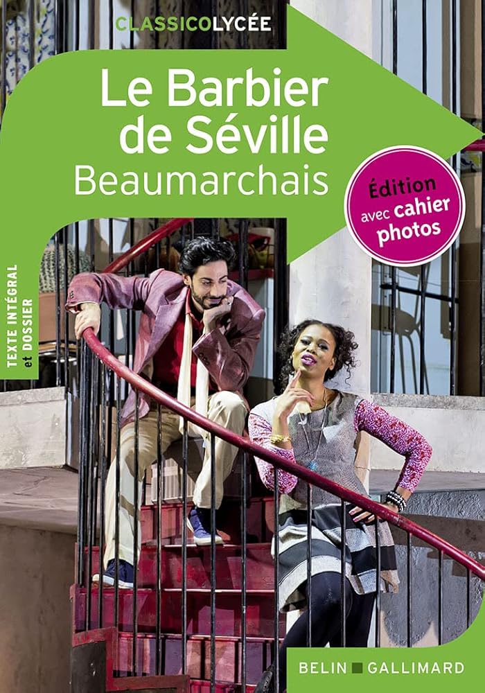 Cover of Le Barbier de Séville by Beaumarchais featuring characters on a staircase in a lively scene.