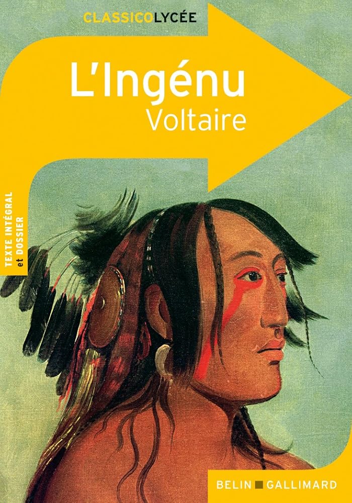 Cover of 'L'ingénu' by Voltaire, featuring a Huron character, published by Belin & Gallimard.