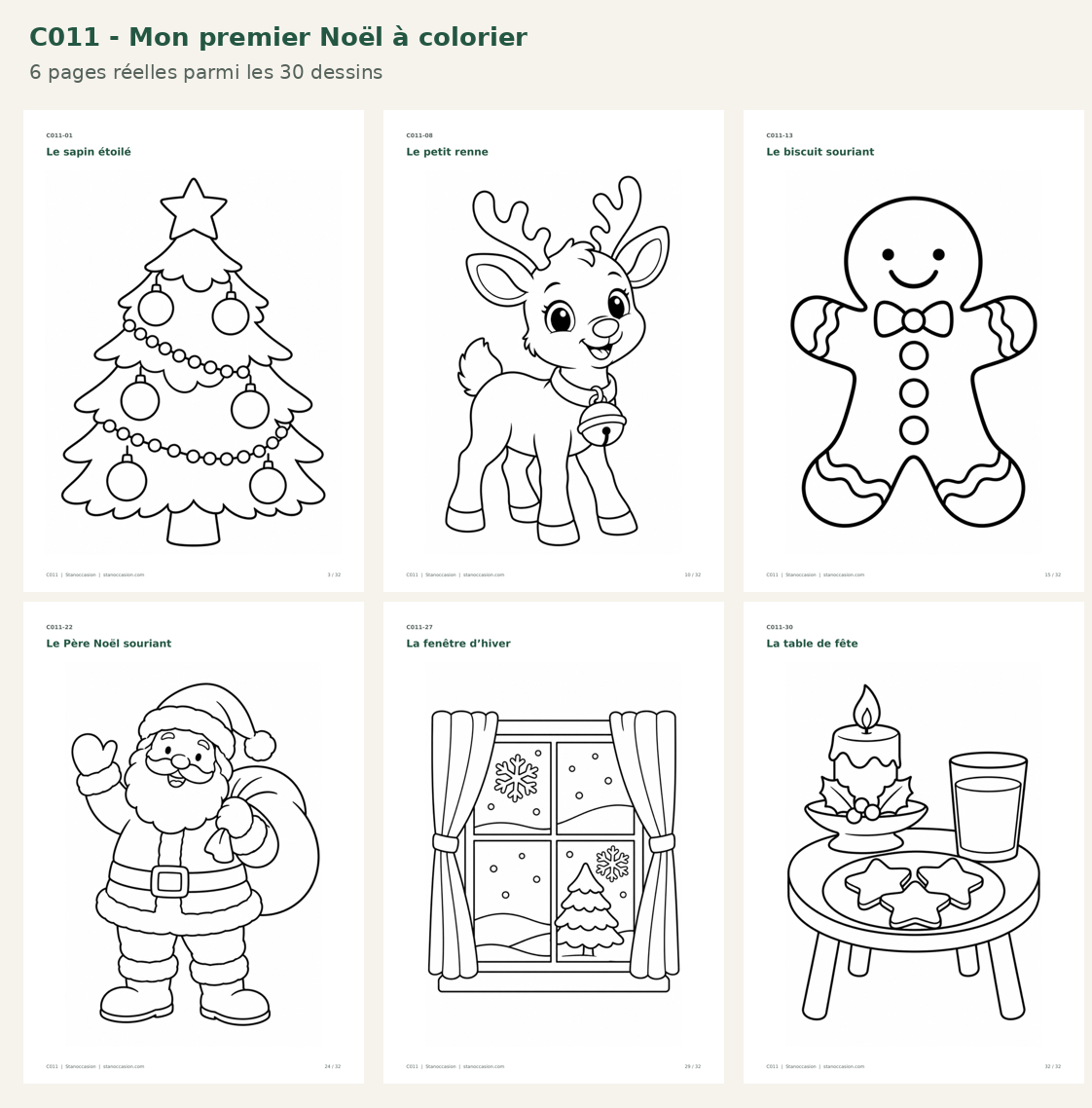 C011 - Six coloriages réels : sapin, renne, biscuit, Père Noël, fenêtre et table de fête