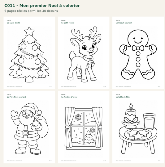 C011 - Six coloriages réels : sapin, renne, biscuit, Père Noël, fenêtre et table de fête