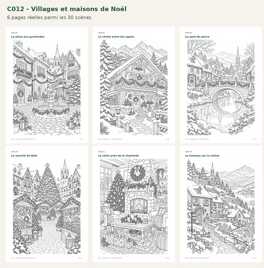 C012 - Six pages réelles : place, chalet, pont, marché, salon et hameau de Noël