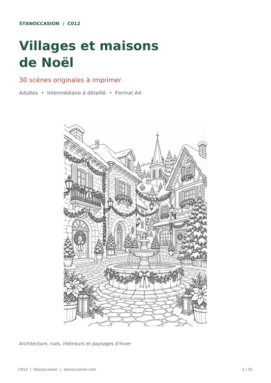 C012 - Villages et maisons de Noël : 30 coloriages adultes, couverture réelle du cahier