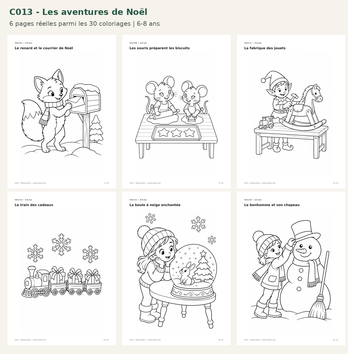 C013 - Six pages réelles : renard au courrier, souris aux biscuits, fabrique de jouets, train des cadeaux, boule à neige et bonhomme de neige