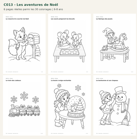 C013 - Six pages réelles : renard au courrier, souris aux biscuits, fabrique de jouets, train des cadeaux, boule à neige et bonhomme de neige