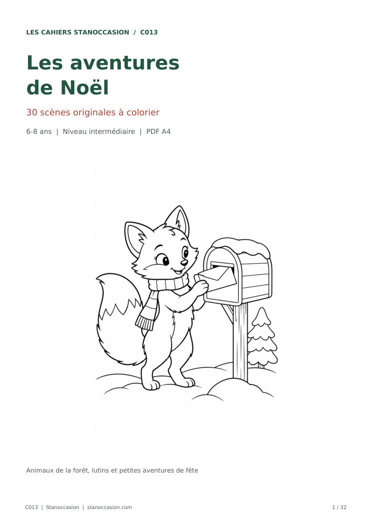 C013 - Les aventures de Noël : couverture réelle, 30 coloriages PDF de niveau intermédiaire pour les 6–8 ans