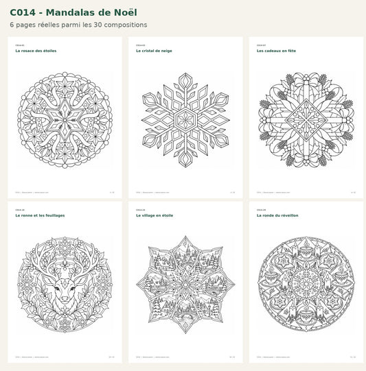 C014 - Six mandalas réels : étoiles, cristal de neige, cadeaux, renne, village et réveillon