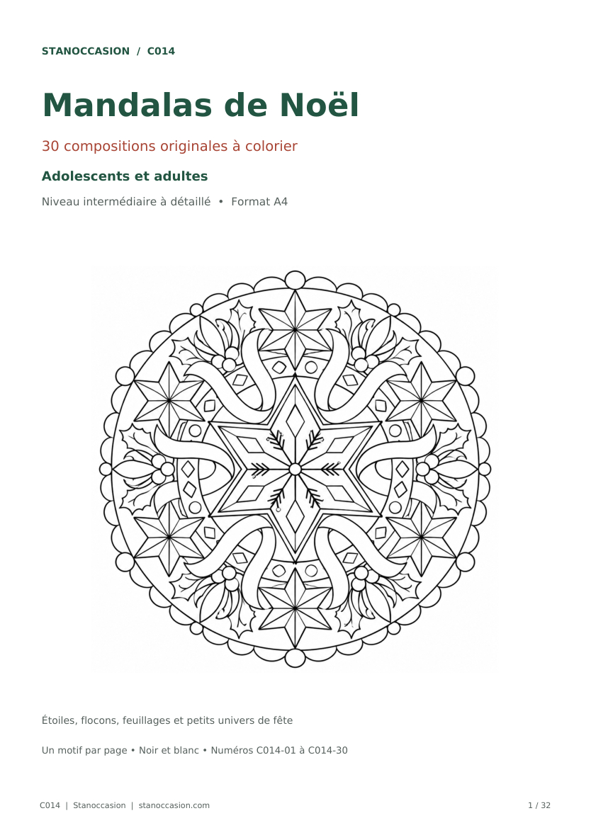 C014 - Mandalas de Noël : couverture réelle du cahier de 30 coloriages pour adolescents et adultes