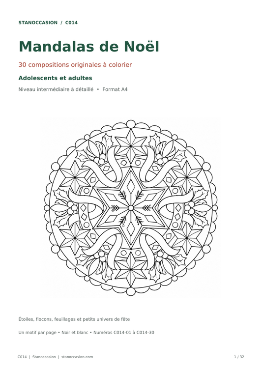 C014 - Mandalas de Noël : couverture réelle du cahier de 30 coloriages pour adolescents et adultes