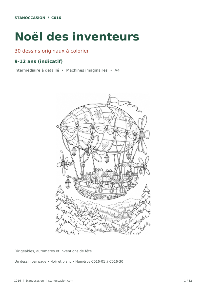 C016 - Noël des inventeurs, couverture réelle : dirigeable à cadeaux, 30 coloriages 9-12 ans