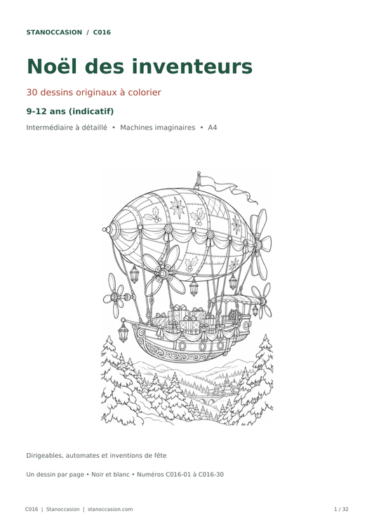 C016 - Noël des inventeurs, couverture réelle : dirigeable à cadeaux, 30 coloriages 9-12 ans