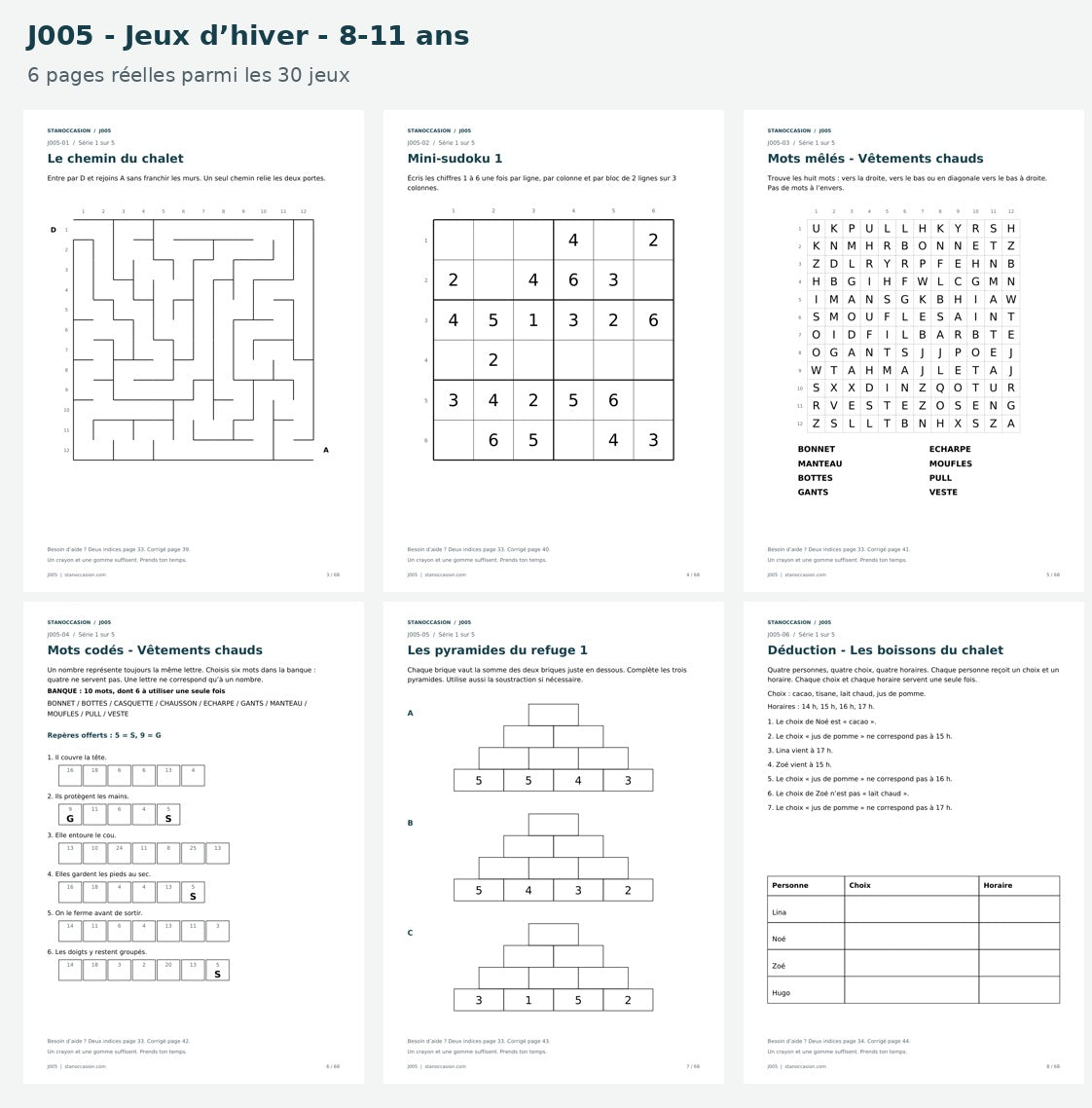 J005 - Six pages réelles : labyrinthe, sudoku, mots mêlés, mots codés, pyramides et déduction