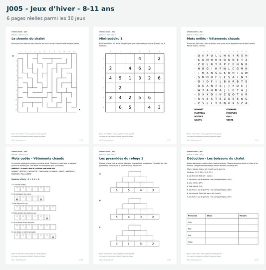 J005 - Six pages réelles : labyrinthe, sudoku, mots mêlés, mots codés, pyramides et déduction