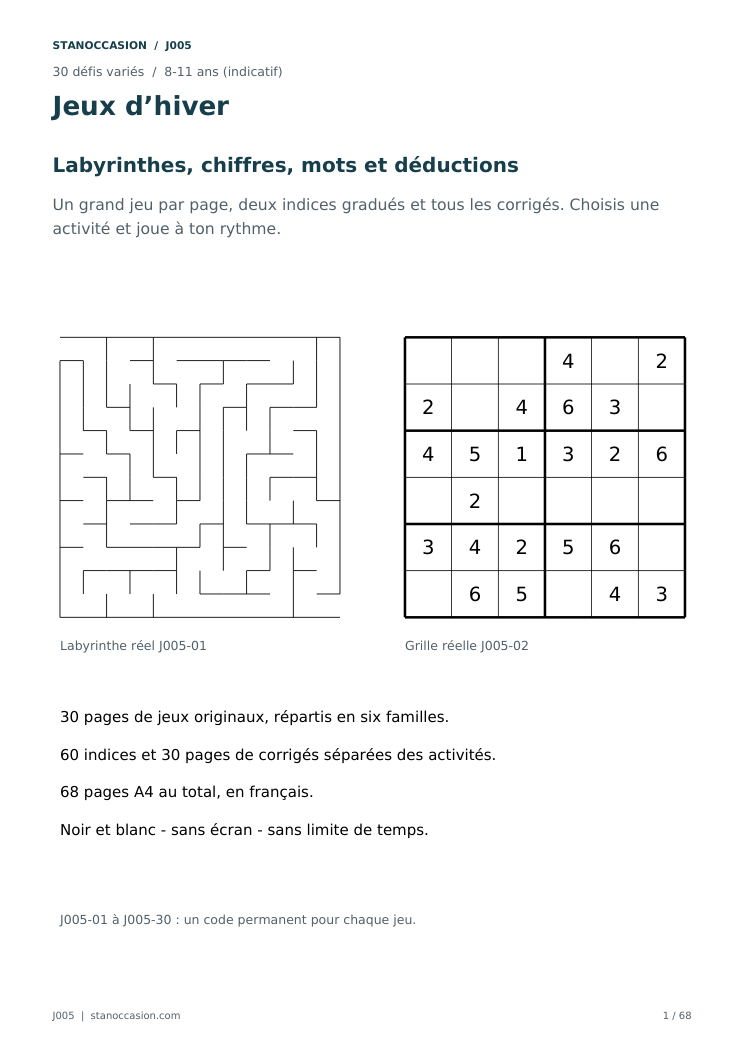J005 - Jeux d’hiver, couverture réelle : 30 défis variés pour les 8-11 ans, indices et corrigés