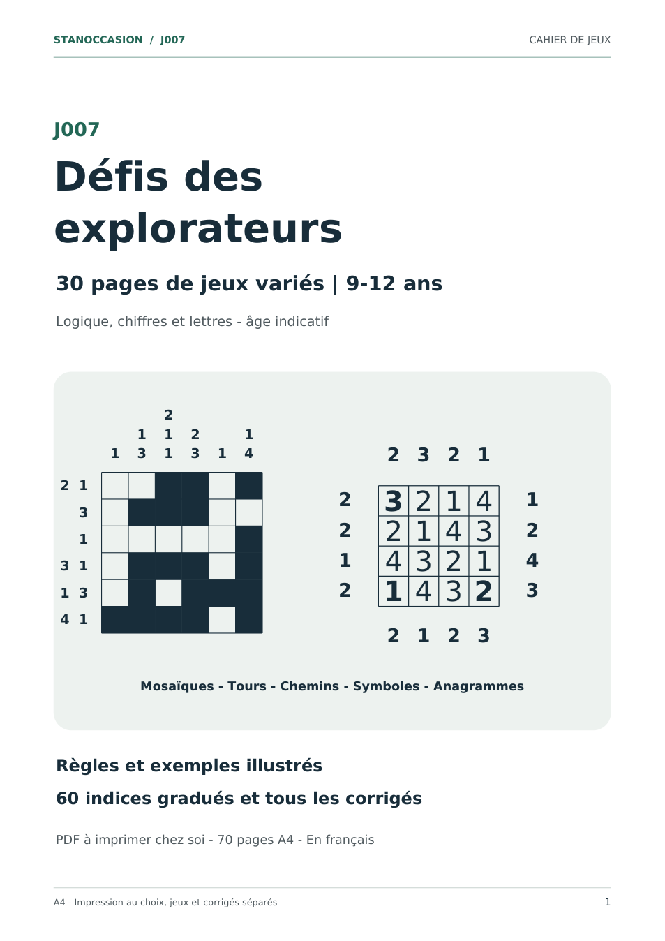 J007 - Défis des explorateurs : couverture réelle, 30 jeux pour les 9-12 ans, indices et corrigés