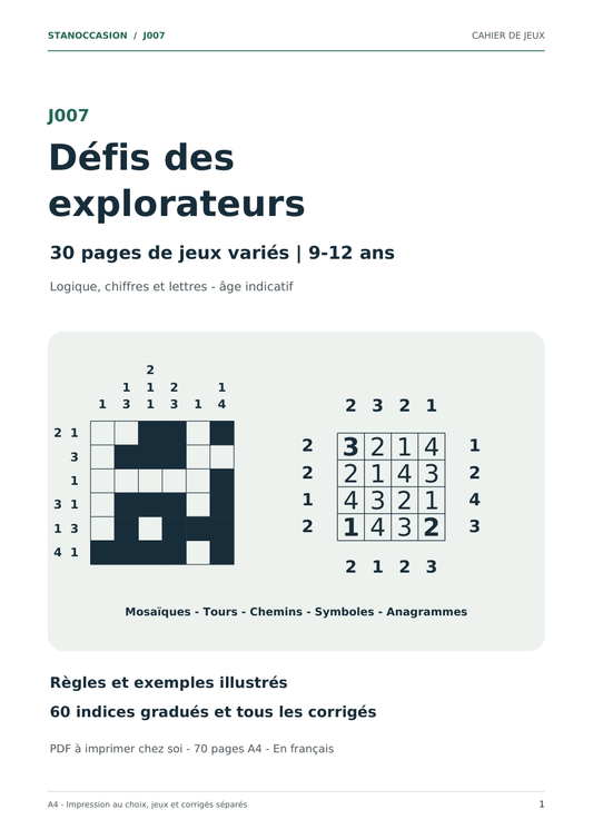J007 - Défis des explorateurs : couverture réelle, 30 jeux pour les 9-12 ans, indices et corrigés