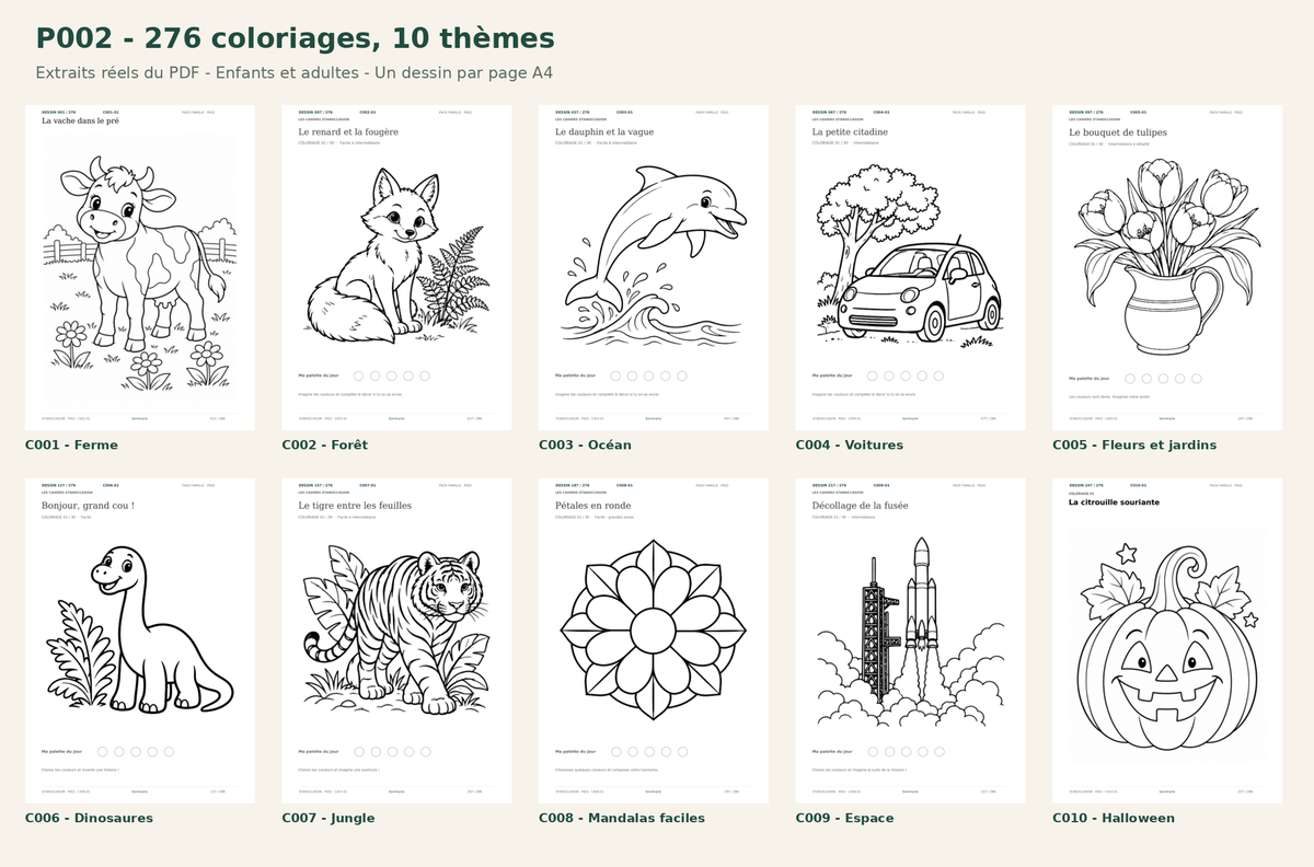 Dix pages réelles du pack P002 : ferme, forêt, océan, voitures, fleurs, dinosaures, jungle, mandalas, espace et Halloween