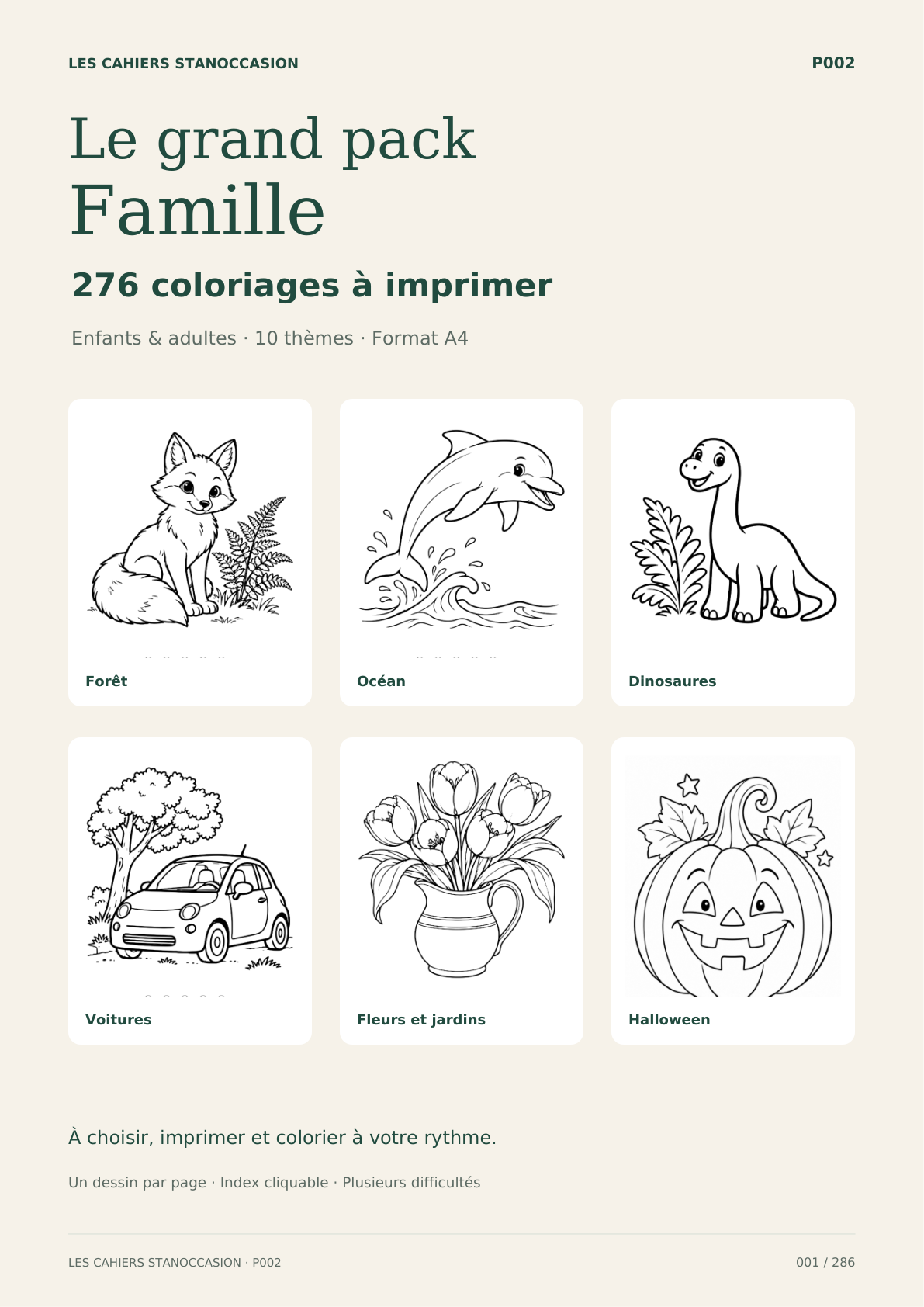 P002 - Pack Famille : 276 coloriages PDF pour enfants et adultes, couverture avec six dessins du pack