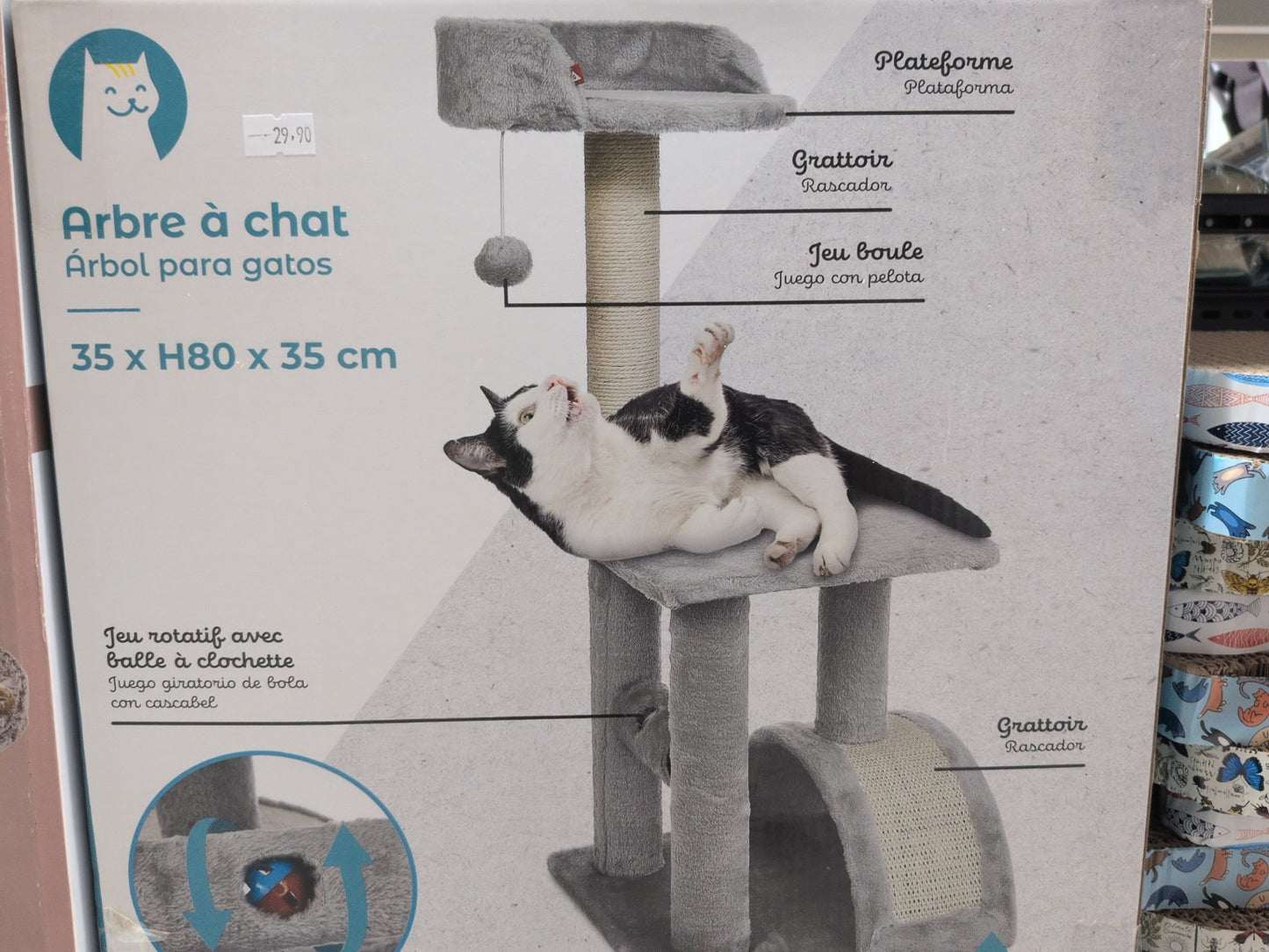 Arbre à chat gris 80 cm avec grattoir et jeu boule