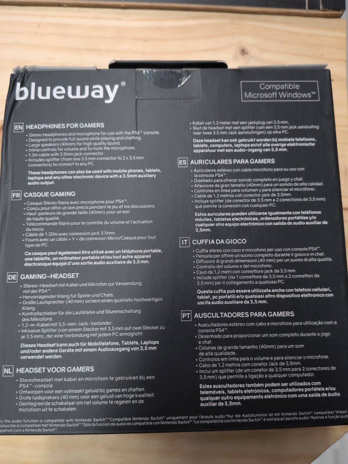 Blueway Gaming Headset PS4 Xbox One Nintendo Switch - dos boîte