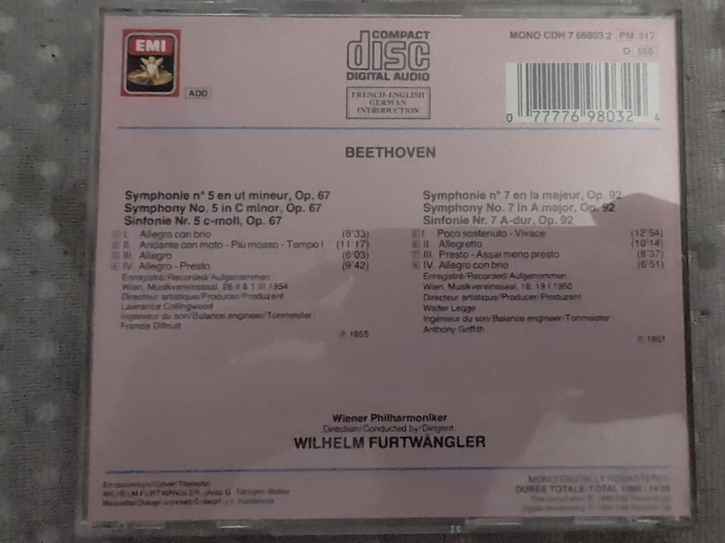 CD Beethoven Symphonies 5 et 7 Wilhelm Furtwängler EMI - dos avec code-barres