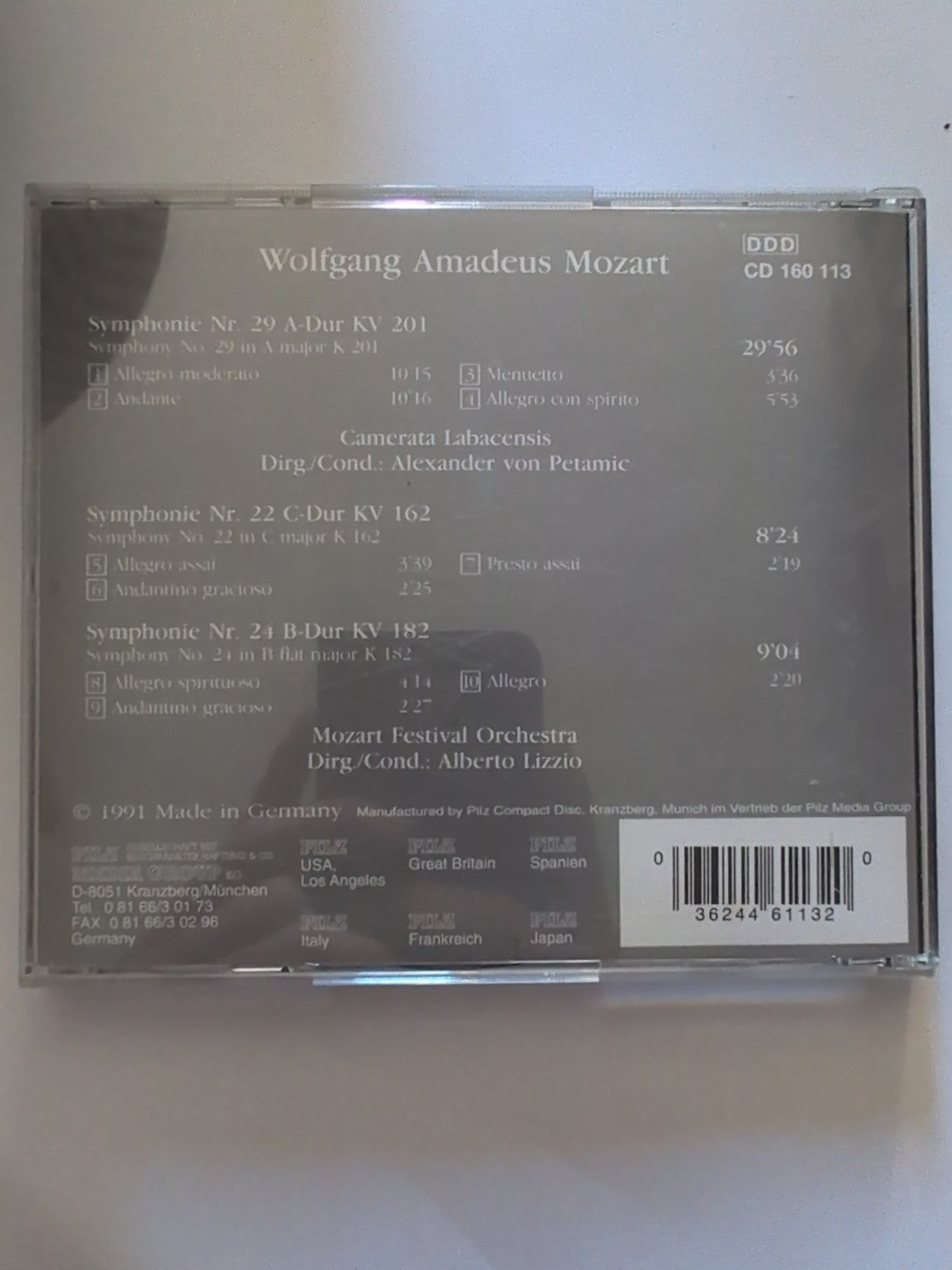 CD Mozart Symphonies 22 24 29 Vienna Master Series - face arrière