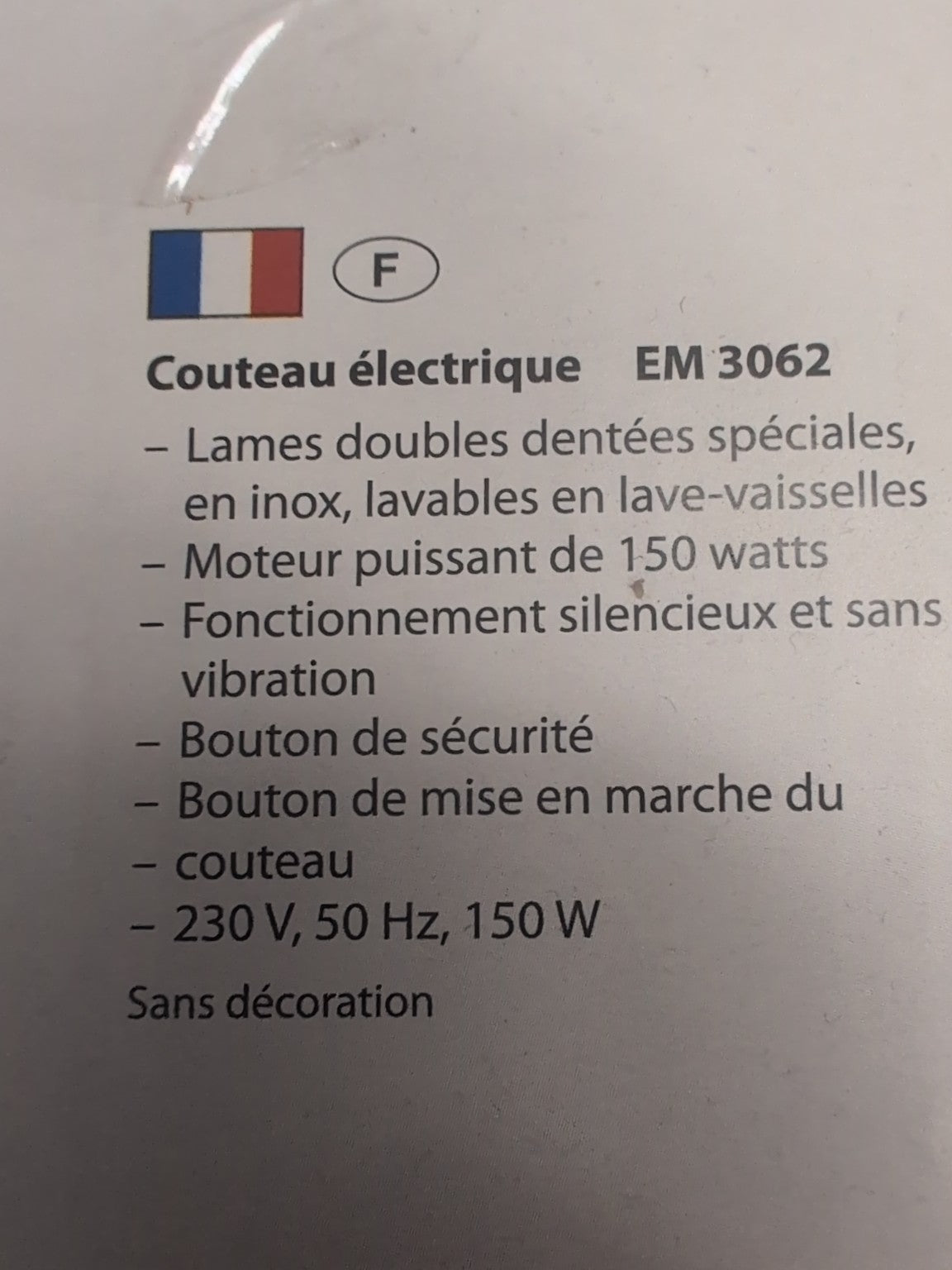 Couteau électrique Clatronic EM 3062 - caractéristiques en français