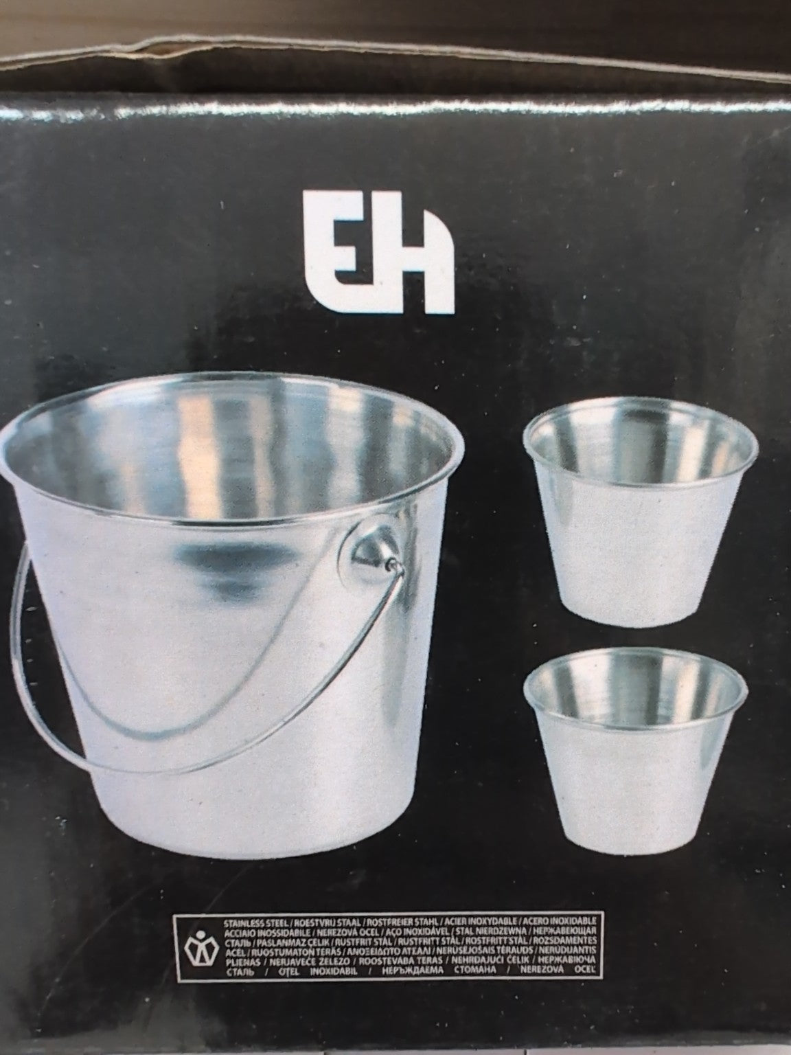 Dos de l'emballage du lot de seaux inox Excellent Houseware