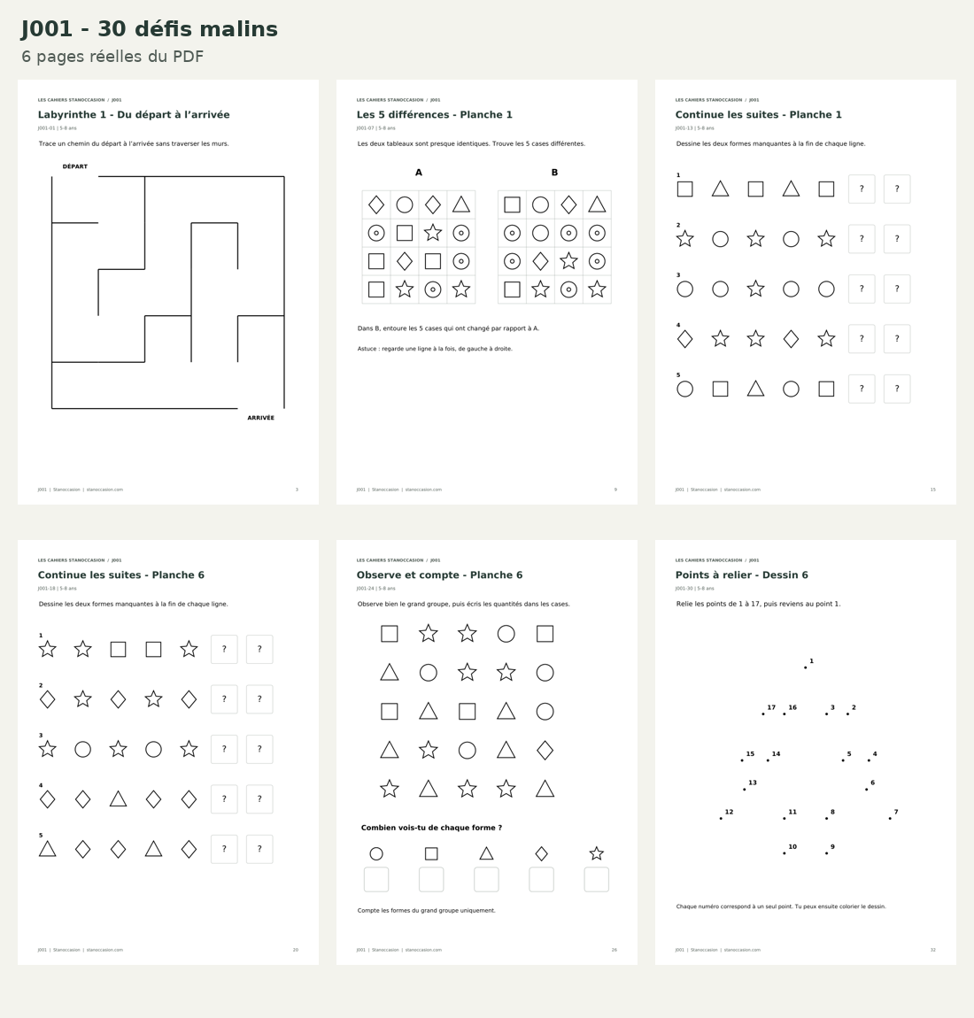 Six pages réelles : labyrinthes, différences, suites, observation et points à relier