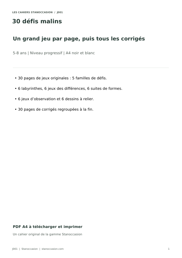 Couverture réelle - 30 défis malins, jeux PDF 5-8 ans