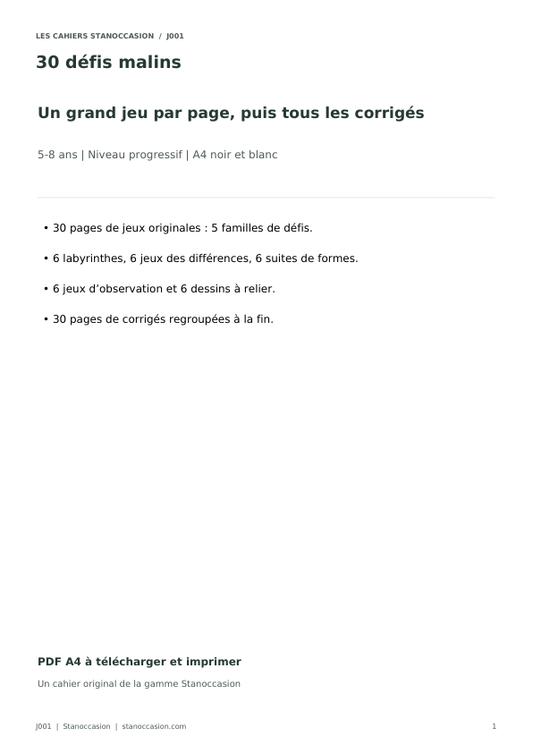 Couverture réelle - 30 défis malins, jeux PDF 5-8 ans