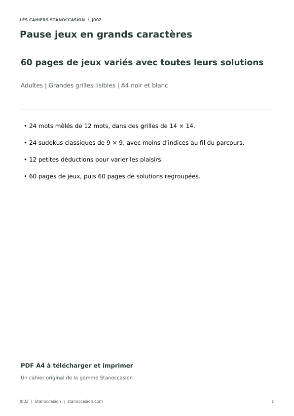 Couverture réelle - Pause jeux en grands caractères, 60 jeux PDF adultes