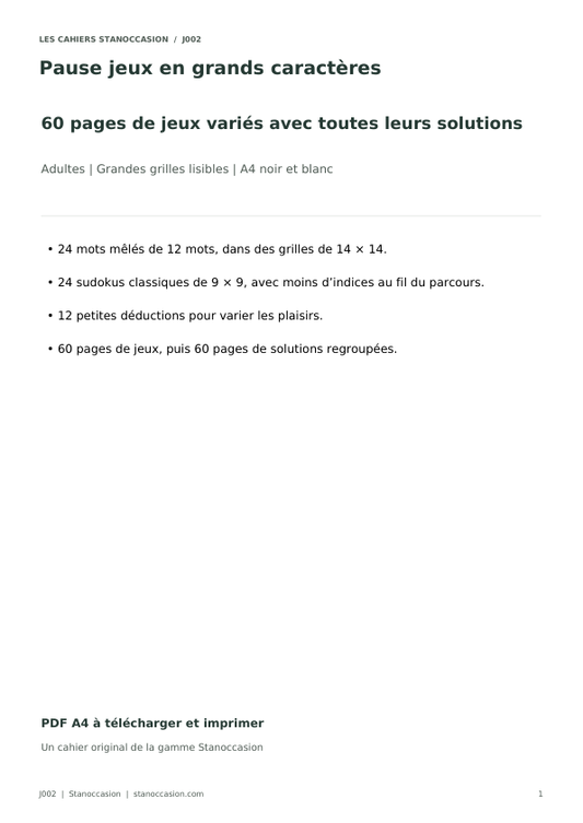 Couverture réelle - Pause jeux en grands caractères, 60 jeux PDF adultes