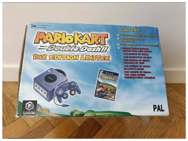 Dos du pack Nintendo GameCube Mario Kart Double Dash édition limitée PAL avec contenu indiqué