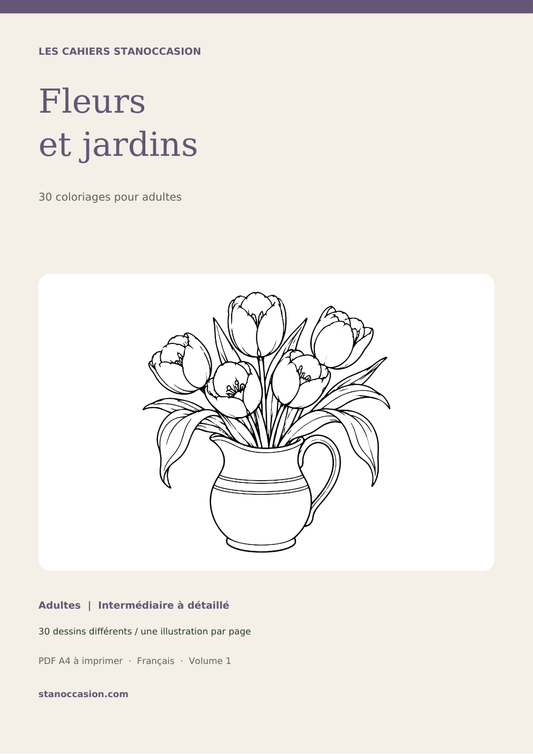 Couverture : Coloriages fleurs et jardins adultes - 30 dessins PDF