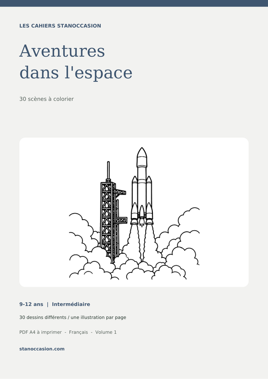 Couverture : Coloriages espace et exploration - 30 dessins PDF - 9-12 ans