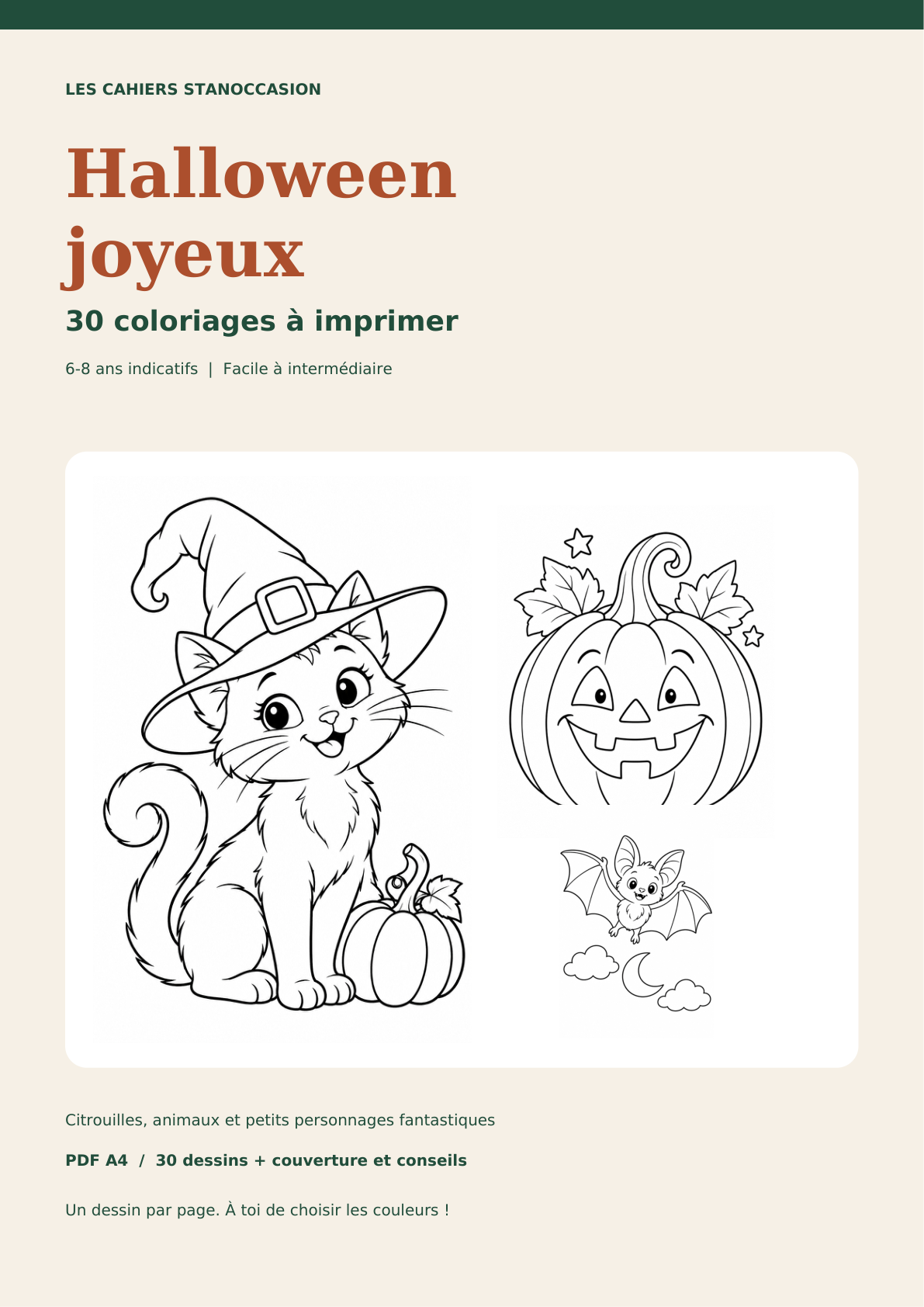 Halloween joyeux : 30 coloriages PDF, 6-8 ans, couverture du vrai cahier